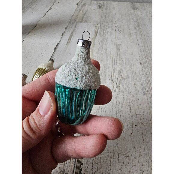 Antique acorn mercury glass ornament flocked set green yellow orange Xmas tree - Picture 10 of 10